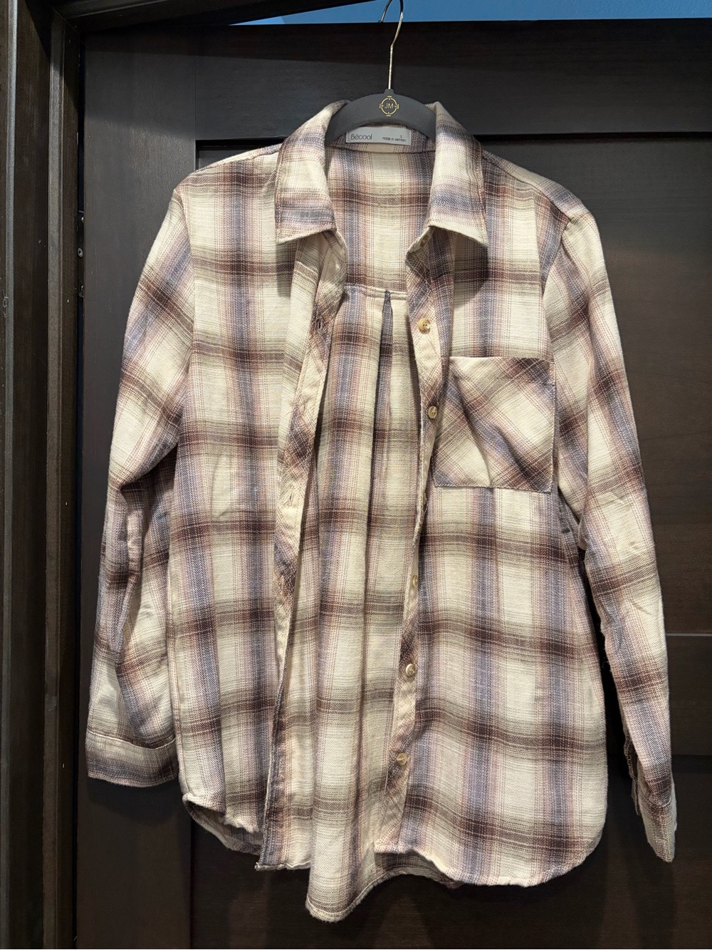 Plaid Button-Up Shirt in Cream & Brown